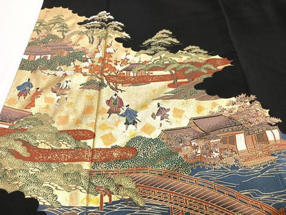 平和屋着物■豪華黒留袖　渡り橋人物風景文　金彩　正絹　逸品　CABH4179xe