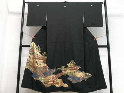 平和屋着物■豪華黒留袖　渡り橋人物風景文　金彩　正絹　逸品　CABH4179xe