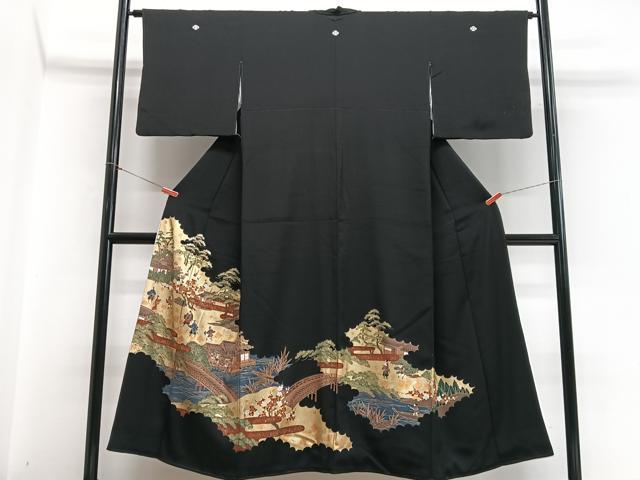 平和屋着物■豪華黒留袖　渡り橋人物風景文　金彩　正絹　逸品　CABH4179xe