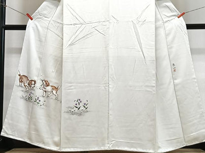 平和屋着物●訪問着　作家物　手描き　犬　舞蝶花文　正絹　逸品　CABH4169xe
