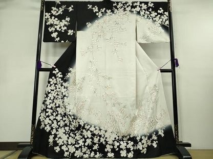 平和屋本店●極上　訪問着　総手刺繍　八重桜　暈し染め　金糸　銀通し地　逸品　DZAB2401kh6