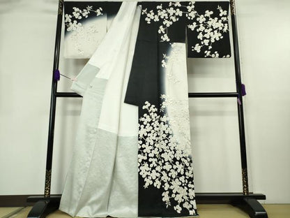 平和屋本店●極上　訪問着　総手刺繍　八重桜　暈し染め　金糸　銀通し地　逸品　DZAB2401kh6