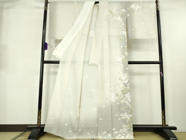 平和屋本店＊極上　夏物　訪問着　絽　総手刺繍　草花文　象牙色地　暈し染め　金糸　逸品　未使用　DZAB2290kh6