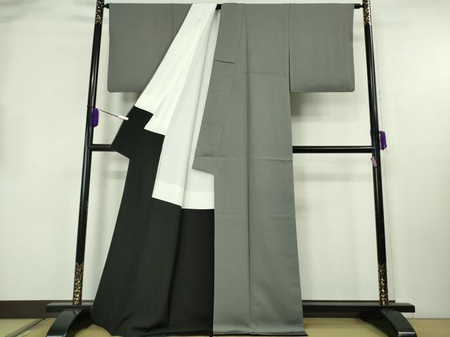 平和屋本店●極上　お召　毛万筋　墨色×薄鈍色　逸品　DZAB2538kh6