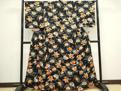 平和屋着物■上質な小紋　草花文　黒地　正絹　逸品　CABH1041ou
