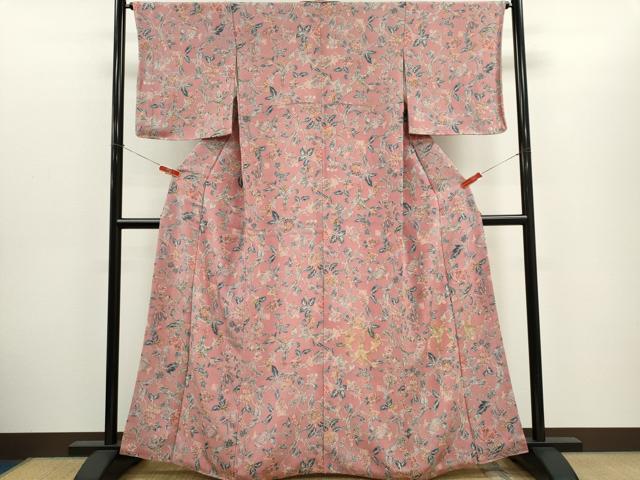 平和屋着物■上質な小紋　草花文　鬼しぼ縮緬　正絹　逸品　CABH1064ou
