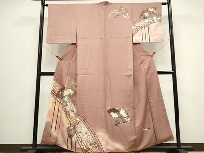 平和屋着物■訪問着　渡り橋扇面花文　暈し染め　金銀彩　正絹　逸品　CABH1055ou