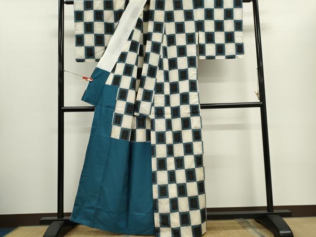 平和屋着物■上質な紬　市松吉祥文　胴抜き仕立て　正絹　逸品　CABH1066ou