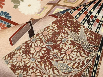 平和屋着物■訪問着　渡り橋扇面花文　暈し染め　金銀彩　正絹　逸品　CABH1055ou