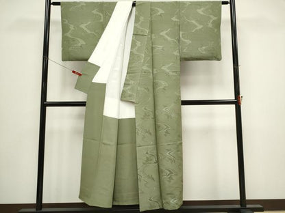平和屋着物■上質な色無地　枝葉地紋　鶸茶色　正絹　逸品　CABH1052ou