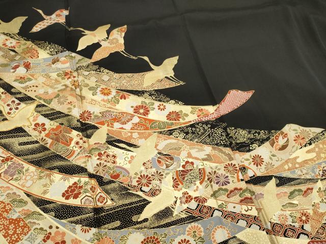 平和屋着物■豪華黒留袖　駒刺繍　束ね熨斗飛鶴花文　金彩　正絹　逸品　CABH1059ou