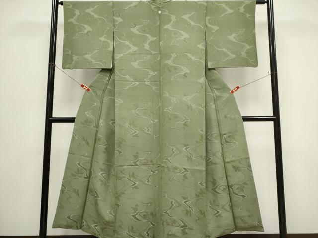 平和屋着物■上質な色無地　枝葉地紋　鶸茶色　正絹　逸品　CABH1052ou