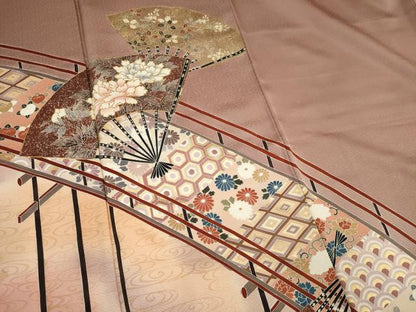 平和屋着物■訪問着　渡り橋扇面花文　暈し染め　金銀彩　正絹　逸品　CABH1055ou