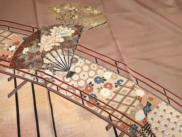 平和屋着物■訪問着　渡り橋扇面花文　暈し染め　金銀彩　正絹　逸品　CABH1055ou