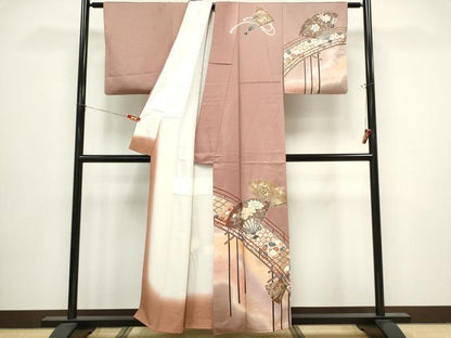 平和屋着物■訪問着　渡り橋扇面花文　暈し染め　金銀彩　正絹　逸品　CABH1055ou