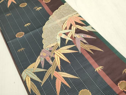 平和屋着物◎全通柄袋帯　笹取り花文　金糸　正絹　逸品　DABF8499we