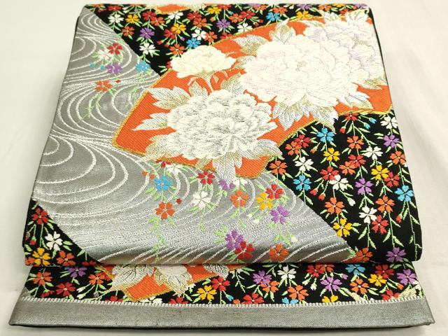 平和屋着物◎六通柄袋帯　唐織　地紙流水花文　牡丹　黒地　金銀糸　正絹　逸品　DABG9006we