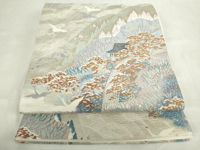 平和屋着物◎西陣　六通柄袋帯　唐織　風景飛鶴文　銀糸　正絹　逸品　DABF0300ea