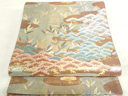 平和屋着物◎六通柄袋帯　唐織　松に彩笹紋　金銀糸　引箔　正絹　逸品　DABF0335ea