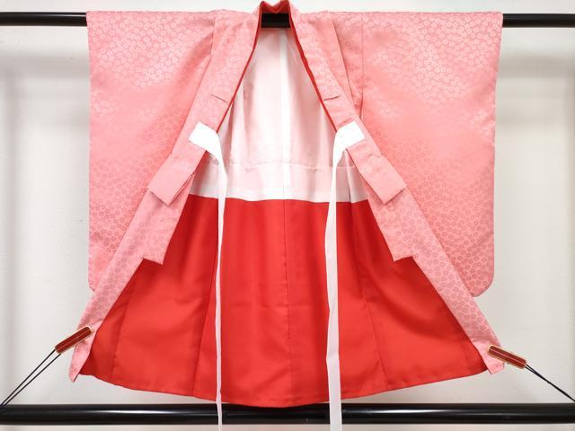 平和屋着物[]七五三　女の子　３歳　祝着　三つ身　被布セット　桜尽くし地紋　ピンク色　DABE7447ma