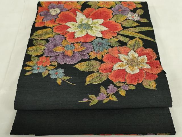 平和屋着物◎八寸名古屋帯　紬地　草花文　黒地　正絹　逸品　DABF0374ea
