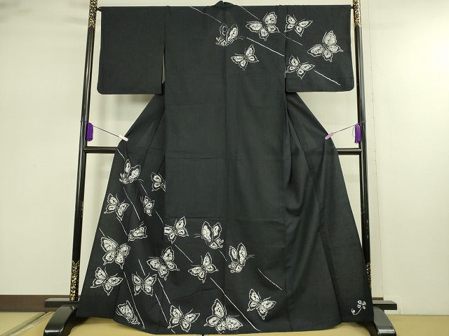 平和屋着物∴極上　夏物　浴衣　有松鳴海絞り　舞蝶文　黒地　綿　逸品　DZAB7481kh6