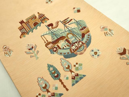 平和屋着物●極上　手織綴れ　山鹿清華　中国三大刺繍　相良刺繍　総刺刺繍　太鼓柄袋帯　船　逸品　DZAB7474kh6