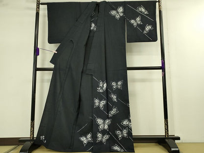 平和屋着物∴極上　夏物　浴衣　有松鳴海絞り　舞蝶文　黒地　綿　逸品　DZAB7481kh6
