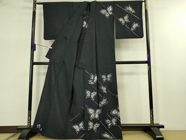 平和屋着物∴極上　夏物　浴衣　有松鳴海絞り　舞蝶文　黒地　綿　逸品　DZAB7481kh6