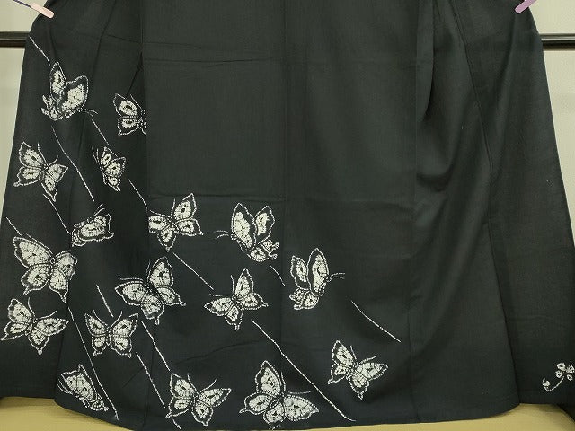 平和屋着物∴極上　夏物　浴衣　有松鳴海絞り　舞蝶文　黒地　綿　逸品　DZAB7481kh6