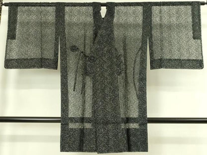 平和屋着物∞極上　道中着　オーガンジー　スリーシーズン　春夏秋　塵除け　ロング丈　唐草文　黒地　銀糸　逸品　未使用　DZAB7517kh6