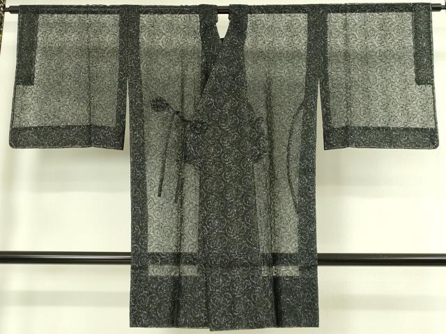平和屋着物∞極上　道中着　オーガンジー　スリーシーズン　春夏秋　塵除け　ロング丈　唐草文　黒地　銀糸　逸品　未使用　DZAB7517kh6