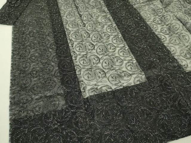 平和屋着物∞極上　道中着　オーガンジー　スリーシーズン　春夏秋　塵除け　ロング丈　唐草文　黒地　銀糸　逸品　未使用　DZAB7517kh6