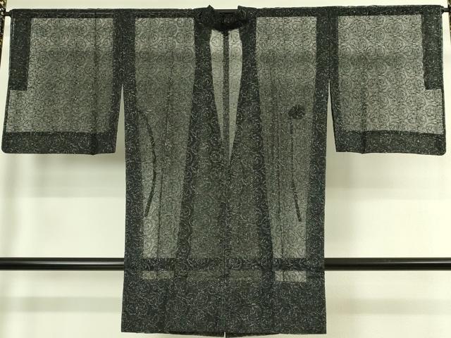 平和屋着物∞極上　道中着　オーガンジー　スリーシーズン　春夏秋　塵除け　ロング丈　唐草文　黒地　銀糸　逸品　未使用　DZAB7517kh6