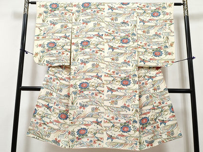 平和屋着物[]七五三　女の子　７歳　祝着　四つ身　型染　流水花蝶文　逸品　DABE7431ma