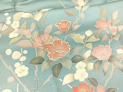 平和屋着物●訪問着　刺繍　利久織　先練緞子　椿　暈し染め　金彩　反端付き　正絹　逸品　BAAX2807hv