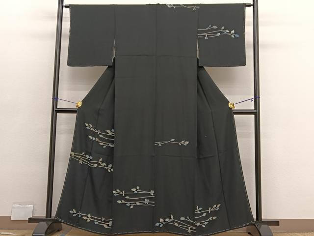 平和屋着物■訪問着　枝葉文　黒地　正絹　逸品　BAAX2797hv