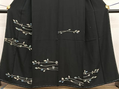 平和屋着物■訪問着　枝葉文　黒地　正絹　逸品　BAAX2797hv