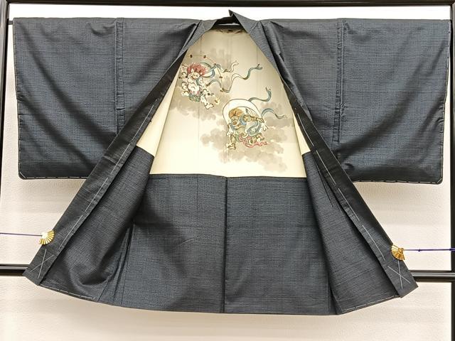 平和屋着物■男性　本場大島紬　アンサンブル　100亀甲　総詰め　羽裏：風神雷神　正絹　逸品　BAAX2864hv