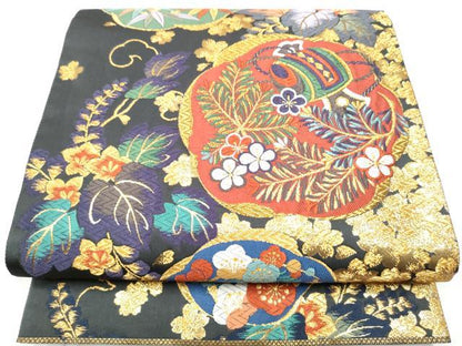 平和屋着物●六通柄袋帯　唐織　打ち出の小槌　草花文　金糸　正絹　逸品　CABI0104hy