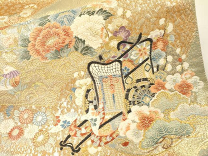 平和屋着物▼西陣　廣部商事謹製　六通柄袋帯　唐織　招宴松流水花　雅艶錦　金糸　証紙付き　正絹　逸品　未使用　DABG5295fe