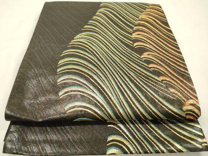 平和屋着物▼西陣　高島織物謹製　六通柄袋帯　よろけ縞　青銅箔　正絹　逸品　DABG5302fe