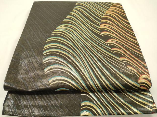平和屋着物▼西陣　高島織物謹製　六通柄袋帯　よろけ縞　青銅箔　正絹　逸品　DABG5302fe