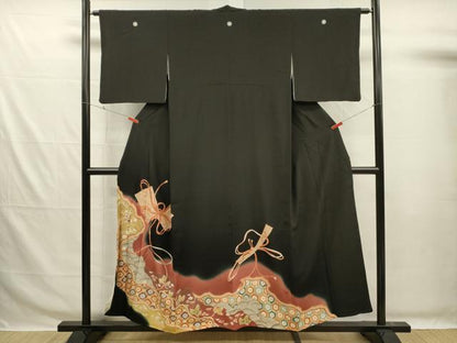 平和屋着物■豪華黒留袖　刺繍　束ね熨斗道長花文　暈し染め　金彩　正絹　逸品　DABG7665ya