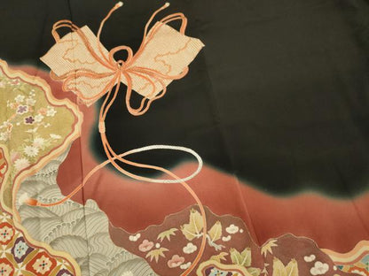 平和屋着物■豪華黒留袖　刺繍　束ね熨斗道長花文　暈し染め　金彩　正絹　逸品　DABG7665ya