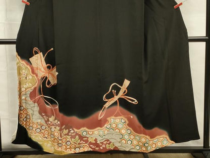 平和屋着物■豪華黒留袖　刺繍　束ね熨斗道長花文　暈し染め　金彩　正絹　逸品　DABG7665ya