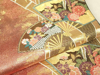 平和屋着物▼六通柄袋帯　扇面吉祥花文　金糸　正絹　逸品　DABG0495az