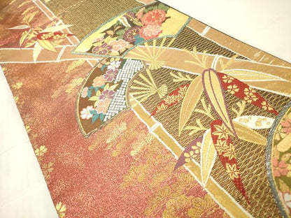 平和屋着物▼六通柄袋帯　扇面吉祥花文　金糸　正絹　逸品　DABG0495az