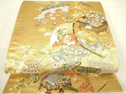 平和屋着物▼六通柄袋帯　瑞祥錦　建都千二百年　金糸　正絹　逸品　DABG0514az