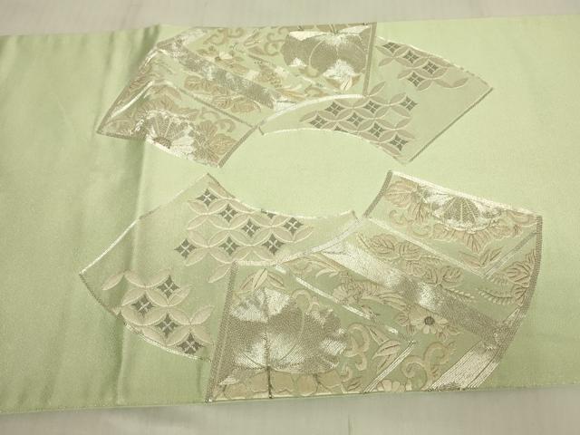 平和屋着物▼太鼓柄袋帯　駒刺繍　総刺繍　地紙吉祥花鳥文　銀糸　正絹　逸品　DABG0566az